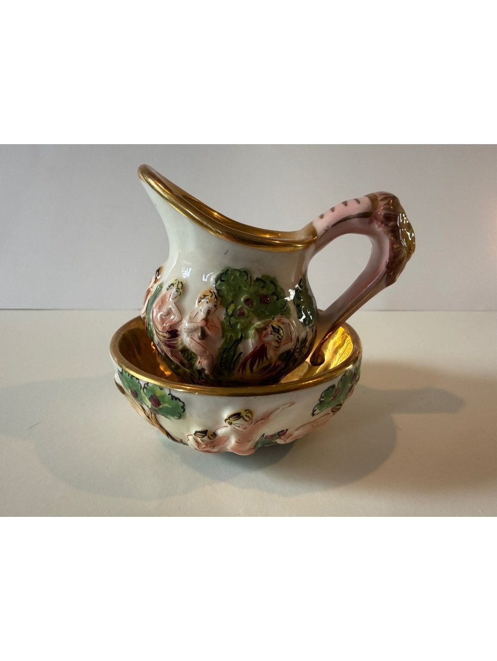 Vintage Italian Capodimonte Style Mini Pitcher Bowl Set Bacchus Putti Gold